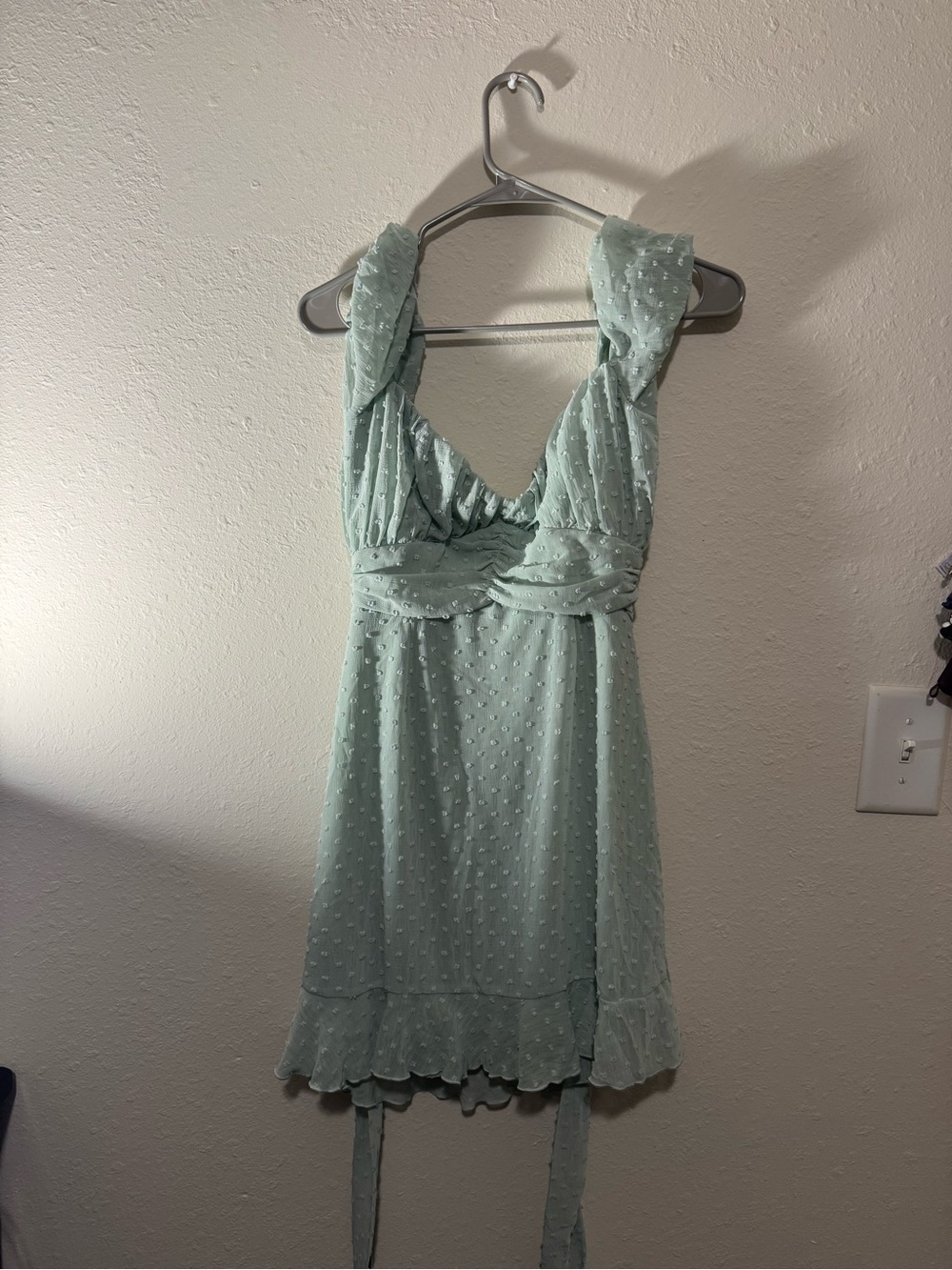 Lucy in the Sky Mint Green Swiss Dot Wrap Mini Dress